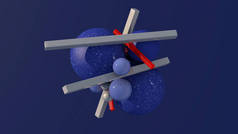 蓝色的纹理和光滑的球，灰色和红色的玻璃块。摘要说明，3D渲染.