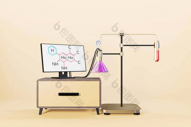 三维图像科学实验设备,实验设备,彩色液体收集试管和试瓶-三维渲染