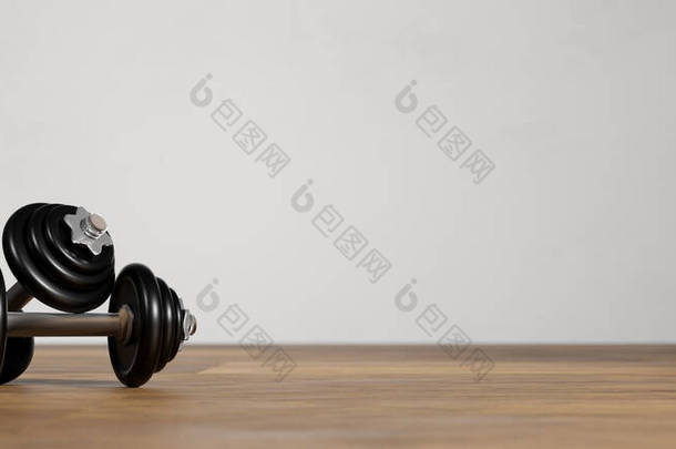 3D渲染，黑色哑铃在健身室木制<strong>地</strong>板上，后面有训练设备，3D插图