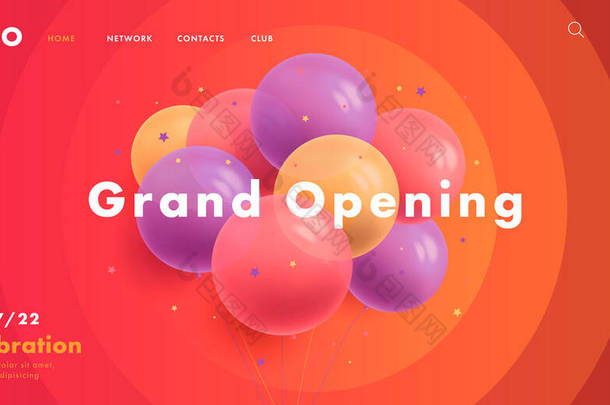 Grand opening web banner for circus grand opening with bunch of round air balloons on red background