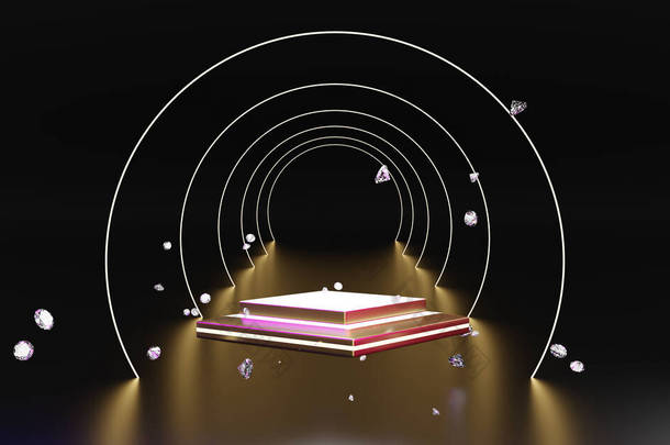 金讲台空旷，镶嵌有霓虹灯的钻石，用于现代舞台展示和简约的造型、抽象的展示背景、概念3D插图或3D渲染
