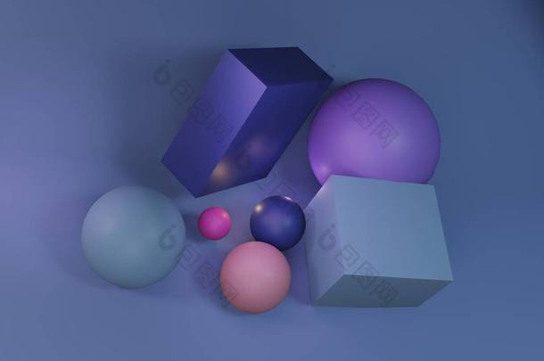 3D渲染背景。带球体和立方体的几何背景.3D图形.