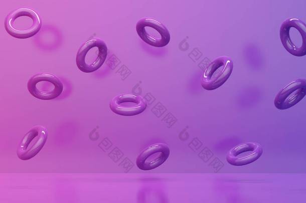 明亮的粉色和淡紫色的抽象背景与飞行的戒指。产品促销的备份设计.3d渲染
