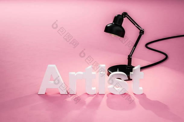 带字母艺术家的粉色表面工业风格台灯；概念3D在线教程；3D图解