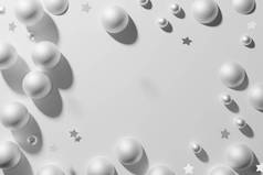 3D在浅色的单色背景上渲染白色的金属球体、珠子和星形花冠框架