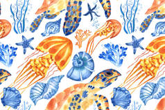 有海龟、贝壳、水母和珊瑚的海洋背景。水彩画无缝图案。被白色背景隔离。完美的面料，纺织品，剪纸，墙纸的制作. 