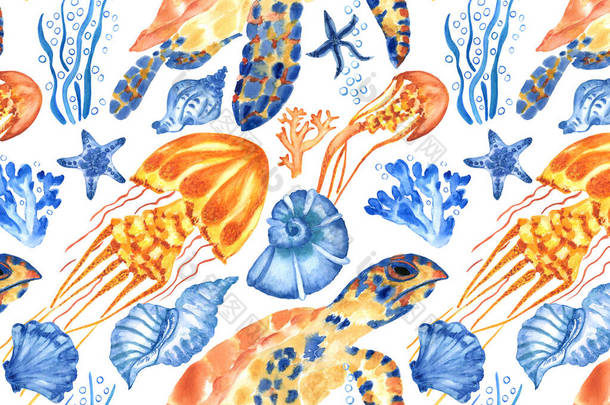 有海龟、<strong>贝壳</strong>、水母和珊瑚的海洋背景。水彩画无缝图案。被白色背景隔离。完美的面料，纺织品，剪纸，墙纸的制作. 