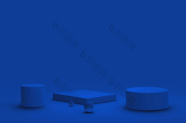 3D蓝领台现代最小设计工作室背景。摘要三维<strong>几何形</strong>体图解绘制.情人节产品的展示.