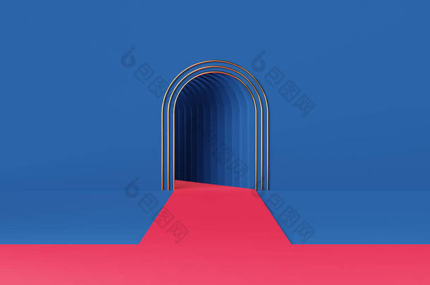 蓝色拱顶和金色管子上的空红<strong>地</strong>毯或讲台。摘要最小工作室3D几何形状对象.展示产品设计的模拟空间.3d渲染.