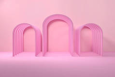 华丽的粉色浪漫建筑构图,有三个拱门.3d说明.