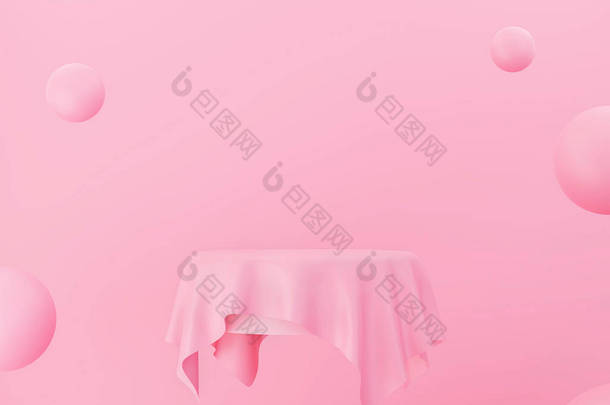 带桌布几何形状的粉色产品展台，化妆品<strong>演示</strong>平台或展台的舞台场景显示，3D渲染. 