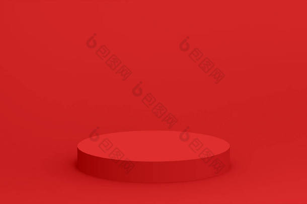 3D红色圆筒讲台最小工作室背景。摘要三维<strong>几何形</strong>体图解绘制.夏季假日产品的展示.