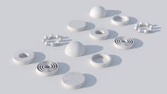 白色圆形的形状和球。摘要说明，3D渲染.