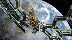 关于近地蜂窝大地测量结构的3D说明，用于科幻视频游戏、空间探索或星际旅行背景.