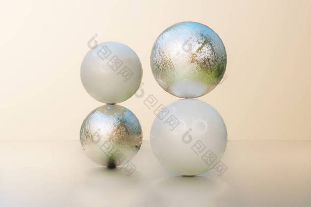 白色和银色的球体一个接一个<strong>地</strong>放在另一个之上。抽象的作文。3D渲染说明