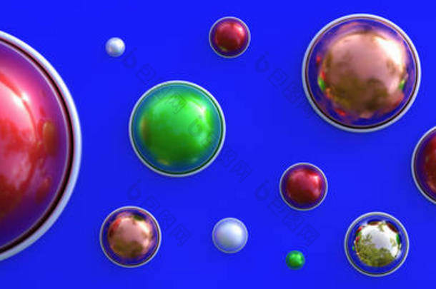 现实的五彩斑斓的半球在一个明亮的蓝色<strong>背景</strong>上抽象的构图。3D渲染。用于设计的空白。计划好了节选。<strong>简约</strong>主义<strong>背景</strong>
