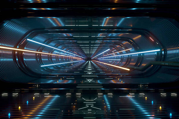 带有鲜明过渡<strong>闪电</strong>的宇宙飞船内桥走廊，3D渲染
