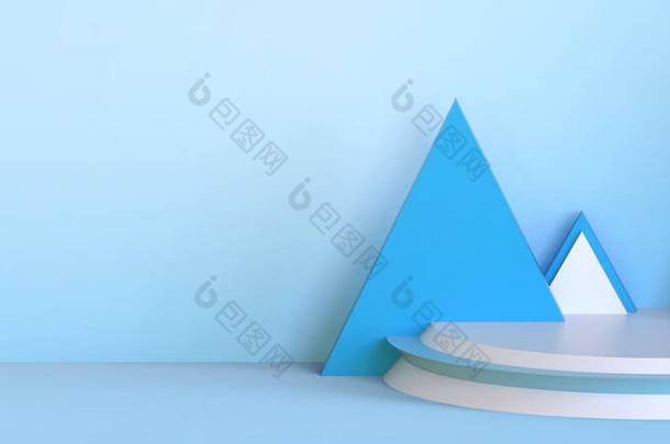 创意。Podium展示了<strong>蓝色</strong>墙壁背景下的几何形状三角形极小和现代<strong>舞台</strong>概念设计。产品的复制空间,设计横幅. 3D渲染