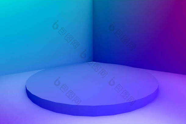 3D紫色霓虹灯台最小<strong>演播室</strong>渐变暗色背景。摘要三维几何形体图解绘制.为夜总会派对及科技产品展示.