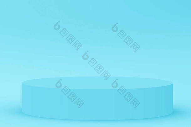3D蓝色圆筒讲台最小工作室背景。摘要三维<strong>几何形</strong>体图解绘制.医药产品的展示