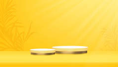 Gold Cylinder Podium in Yellow Background Room Studio,Yellow Gallery room with circle display showca