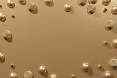 金光闪闪的金光闪闪的珍珠和毛球框架在金光闪闪的金属背景下三维渲染