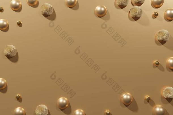 金光闪闪的金光闪闪的珍珠和毛球框架在金光闪闪的金属背景下三维渲染