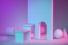抽象的霓虹灯背景几何形状与粉红色，紫色，蓝色照明。为产品做广告的讲台。为服务介绍而敬礼。3D渲染