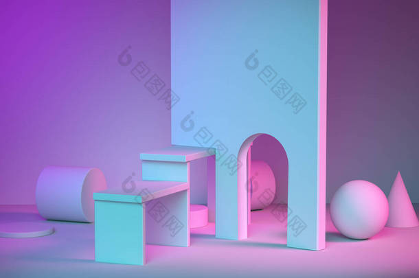 抽象的霓虹灯背景几何形状与粉红色，紫色，蓝色照明。为产品做广告的讲台。为服务介绍而<strong>敬礼</strong>。3D渲染