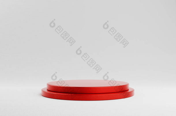 白色背景的红色圆筒产品展示。抽象的最小几何概念。演播室讲台平台展览展示阶段。3D插图渲染图形设计