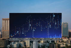 在广告牌上显示FOREX图全息图，日落时在曼谷的空中全景全景。东南亚的股票和债券交易。基金管理的概念.