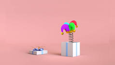 带3D渲染的派对庆祝主题礼品盒滑稽小丑帽弹簧彩绘模式.