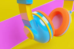 3D演示现实的彩色耳机，隔离在粉色和黄色的背景上。音频技术。现代耳机