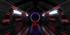 带有霓虹灯的3D抽象背景。霓虹灯隧道。空间建设。.3d说明