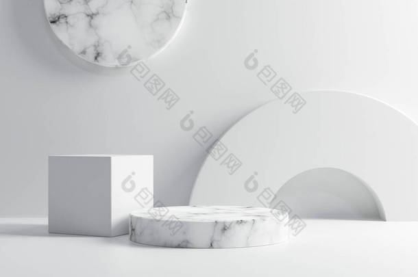 白色底座上的空白白色大理石台面,产品台面.3D渲染