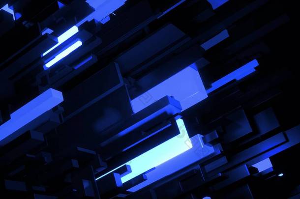 3D渲染。黑暗的科幻小说蓝色背景。抽象的暗号霓虹灯使灯泡变亮.不同尺寸的立方体网络照明蓝色霓虹灯.区块链技术可视化