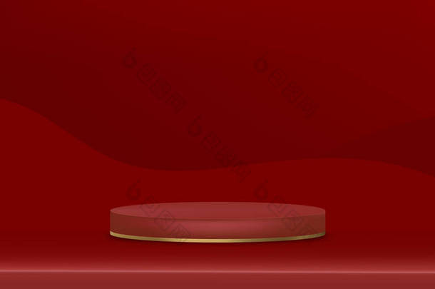 红色3D Poduim圆筒演播室，红色演播室及舞台基座平台，圣诞或2022中国新年背景拍摄的最小设计用途