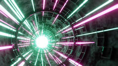  Sci-Fi Tube.未来的信息技术。神经数字信号。粉色和绿色的光。3d渲染.