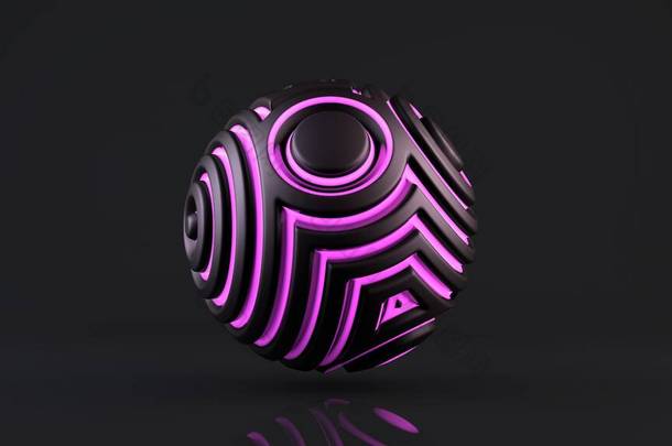 三维渲染一个奇怪的黑色球体，带有紫色发光线的同心圆的复杂浮雕。在反射面上方的一个神秘球.