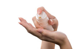 妇女的手使用肥皂、凝胶、乳膏或洗手液，闭锁，用白色隔离。卫生和皮肤护理。预防感染。有选择的重点.