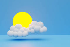 蓝色孤立背景下的三维云和太阳图解。天气预报图标，定期季云