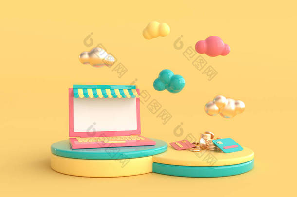 Laptop, clouds, coins and credit card on podium. Online <strong>shopping</strong>, payment concept 3d render