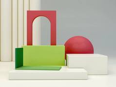 Minimal podium  to show a product with geometrical forms in green, cream and pink colors.  Abstract 