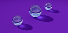 Three transparent glass balls on a blue background. 3d illustration.