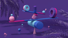 Equilibrium still life installation, balancing geometric shapes, palm tree. Abstract illustration, 3