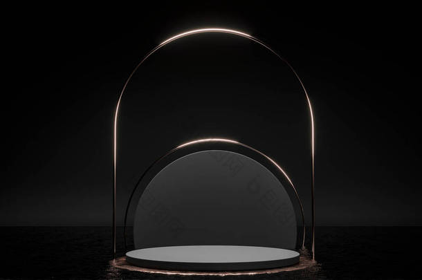 圆形石质基座，黑色圆筒在黑暗的水中。3D渲染说明。金光闪闪装饰设计。产品促销的空白基础。富丽堂皇的金相框