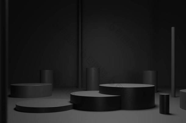圆形底座,实心黑色圆筒-3d渲染插图.<strong>创意广告</strong>的雕塑构图。空荡荡的讲台,产品推广的基础.奢华的黑色背景
