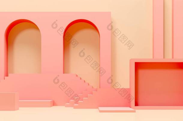 拱门、拱门、楼梯、架子和壁龛。糊状的好颜色。3D渲染说明。品牌推广产品的Podium步骤。广告展示的创作背景.站在基座上模仿.