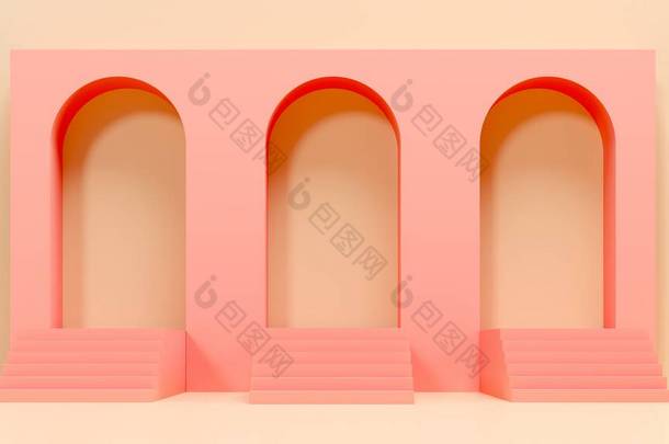 粉色拱门,<strong>楼梯</strong>,台阶和背景- 3D渲染说明.摘要简约的建筑构图.品牌产品展示的<strong>空白</strong>空间.
