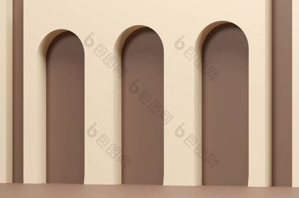 牛奶巧克力拱门3D渲染说明.摘要简约的建筑构图.空白空间、讲台、展示品牌产品的基座.